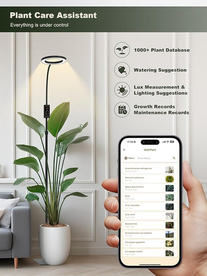 GLOWRIUM Smart Grow Lights for Indoor Plants, 24W Full Spectrum Plant Lights with Bluetooth App, Adjustable Height 47-70.9", Auto Timer, Indoor Plant Lamp for Large Tall Plants（Black 24W）