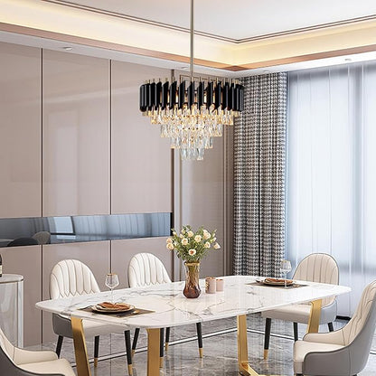 Modern Crystal Chandelier 5-Lights Black and Gold Chandelier for Dining Room Light Fixture 4-Tier Round Pendant Flush Mount Chandeliers Ceiling Lighting for Living Room Kitchen Bedroom Foyer
