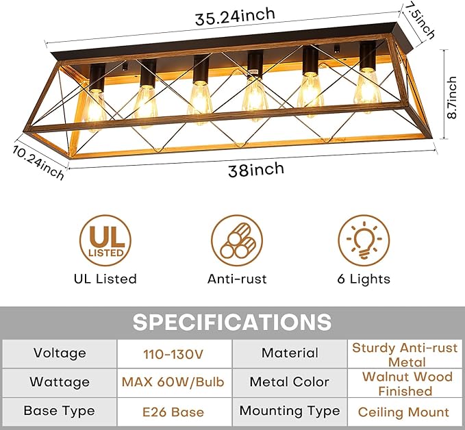 38” Large Flush Mount Ceiling Light Fixture, 6-Light Vintage Industrial Flush Mount Chandelier with Cage Design, Walnut Finish Farmhouse Lighting for Dining Room Kitchen Island Living Room Hallway