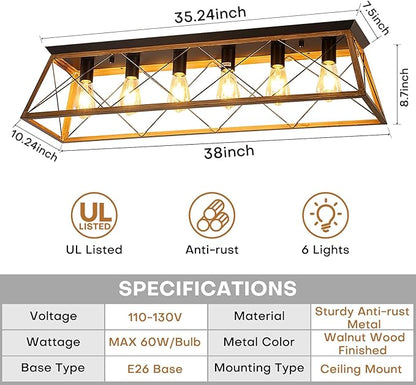 38” Large Flush Mount Ceiling Light Fixture, 6-Light Vintage Industrial Flush Mount Chandelier with Cage Design, Walnut Finish Farmhouse Lighting for Dining Room Kitchen Island Living Room Hallway