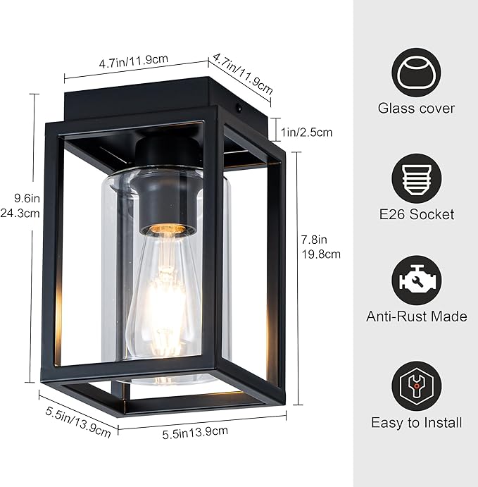 Mayful Flush Mount Ceiling Light Fixture with Clear Glass Shade, Farmhouse Black Metal Frame Light Fixture for Kitchen Island Entryway Porch Foyer Dining Room, E26 Ceramic Base,2 Pack