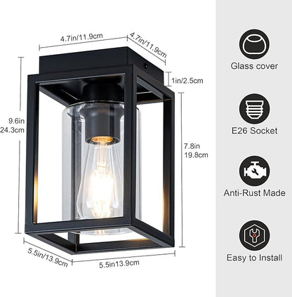 Mayful Flush Mount Ceiling Light Fixture with Clear Glass Shade, Farmhouse Black Metal Frame Light Fixture for Kitchen Island Entryway Porch Foyer Dining Room, E26 Ceramic Base,2 Pack