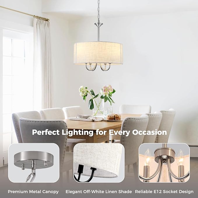 Drum Chandelier for Dining Room, 4-Light Modern Farmhouse Brushed Nickel Chandelier with Linen Drum Shade, 16" Hanging Pendant Ceiling Light Fixture for Kitchen Island Bedroom Living Room
