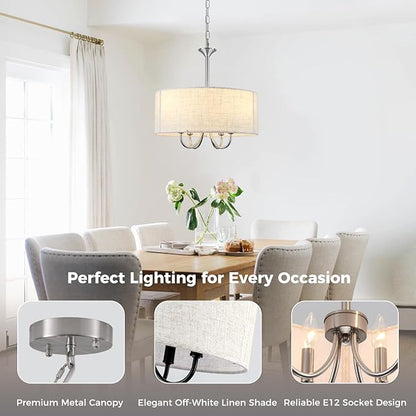 Drum Chandelier for Dining Room, 4-Light Modern Farmhouse Brushed Nickel Chandelier with Linen Drum Shade, 16" Hanging Pendant Ceiling Light Fixture for Kitchen Island Bedroom Living Room