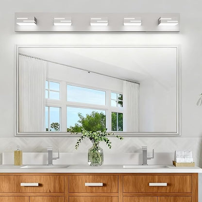 LED Modern Bathroom Vanity Light Fixtures, 5-Light 34-inch Dimmable Brushed Nickel Vanity Lights for Bathroom Lighting Fixtures Over Mirror, with 360° Rotatable Acrylic Heads (Cool White 6000K)