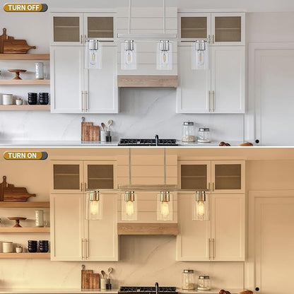 WILON Kitchen Island Lighting, 4 Lights Nickel Sand Linear Chandeliers Modern Farmhouse Chandelier with Glass Shades for Kitchen Island Living Dining Room Foyer Bedroom(Brushed Nickel,4 Lights)