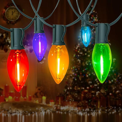 C9 Christmas Lights Outdoor, 25FT Waterproof Multicolor LED String Lights for Roofline Xmas Tree Patio Holiday Party Decor - UL Listed, Commercial Grade, Green Wire