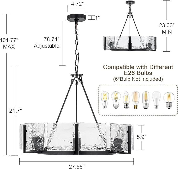 Black Glass Chandelier for Dining Room, 27.6" Large Modern Dining Room Light Fixture Farmhouse Glass Drum Chandelier for High Ceiling,Foyer,Living Room,Entryway