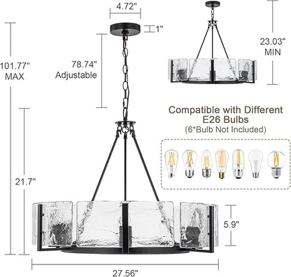 Black Glass Chandelier for Dining Room, 27.6" Large Modern Dining Room Light Fixture Farmhouse Glass Drum Chandelier for High Ceiling,Foyer,Living Room,Entryway