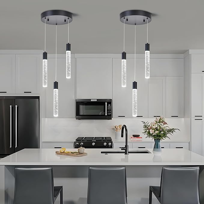 3 Light Pendant Lights Kitchen Island,Modern LED Bubble Crystal Pendants with Dimmable 3000K-6000K Ceiling Hanging Light Fixture for Dining Room Bedroom,Matte Black Finish,Adjustable Height 59"
