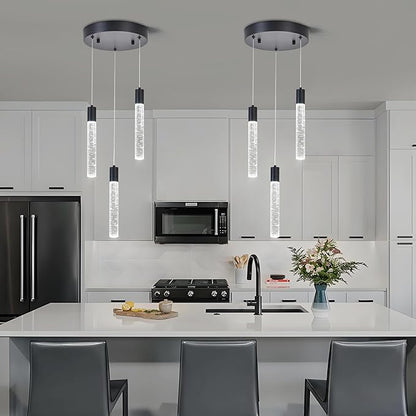 3 Light Pendant Lights Kitchen Island,Modern LED Bubble Crystal Pendants with Dimmable 3000K-6000K Ceiling Hanging Light Fixture for Dining Room Bedroom,Matte Black Finish,Adjustable Height 59"