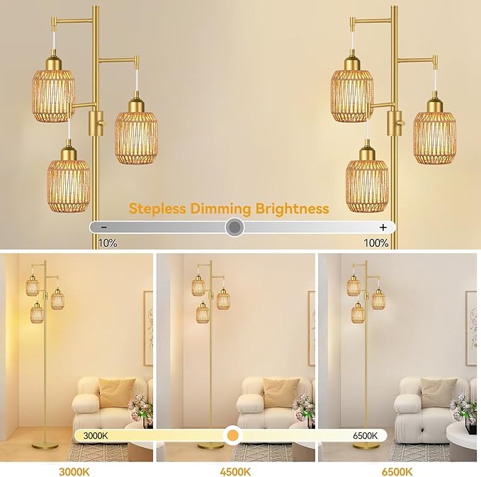 ZECOXOL Boho Floor Lamp for Living Room Bedroom-3 Light Dimmable Floor Lamp with Three Led Bulb, Rustic Tall Lamp Black Standing Lamp Tree Floor Lamps for Living Room