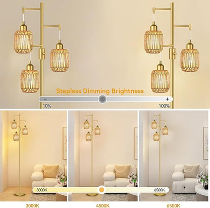 ZECOXOL Boho Floor Lamp for Living Room Bedroom-3 Light Dimmable Floor Lamp with Three Led Bulb, Rustic Tall Lamp Black Standing Lamp Tree Floor Lamps for Living Room