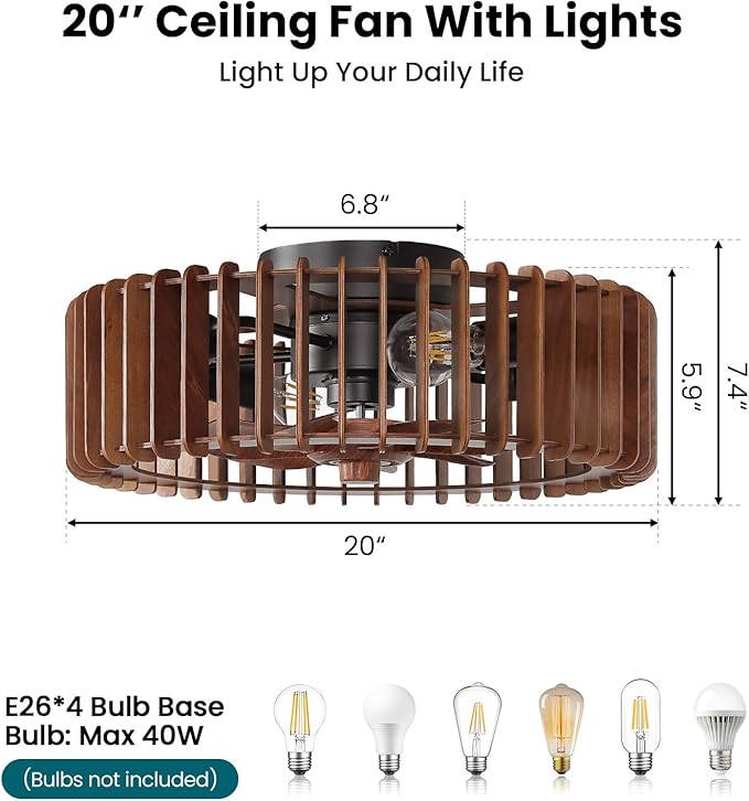 20'' Flush Mount Caged Ceiling Fan with Light, Wooden Low Profile Ceiling Fan with Light and Remote, 6 Speed and Reversible, Farmhouse Bladeless Fan Lights for Bedroom, Kitchen
