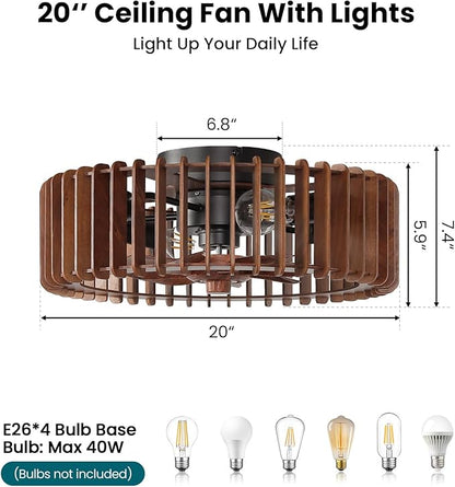 20'' Flush Mount Caged Ceiling Fan with Light, Wooden Low Profile Ceiling Fan with Light and Remote, 6 Speed and Reversible, Farmhouse Bladeless Fan Lights for Bedroom, Kitchen