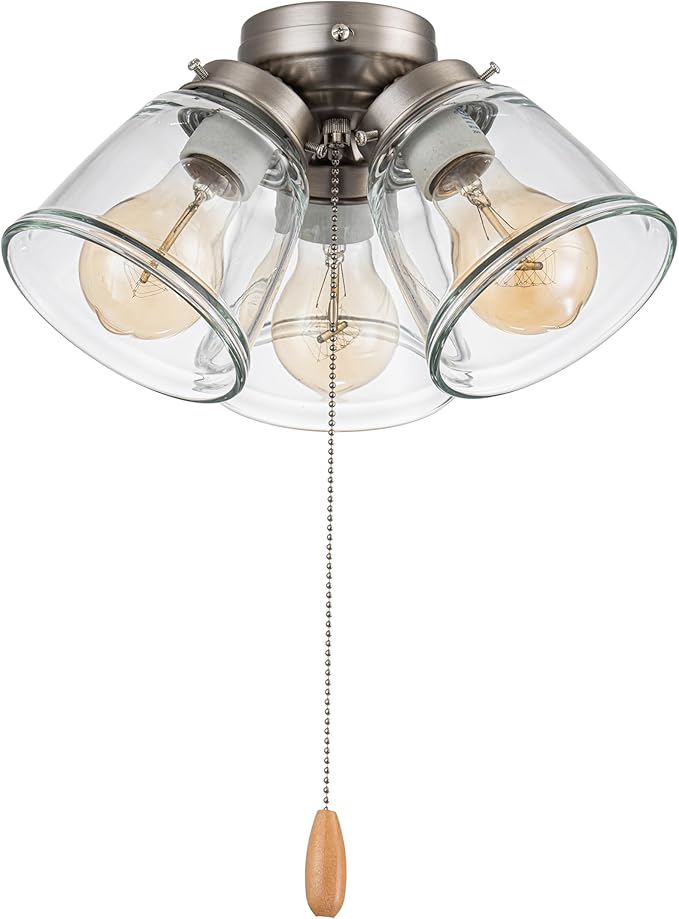 Aspen Creative 22011-1, Three-Light Ceiling Fan Light Kit with Pull Chain, Brushed Nickel Finish with Clear Glass Shades, 13-1/8" Diameter x 6-3/4" Height