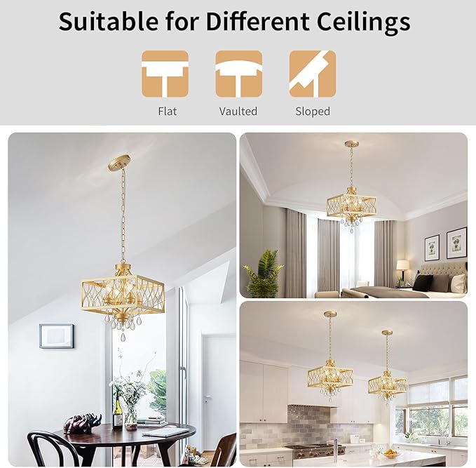 Farmhouse Crystal Chandelier Gold Modern K9 Crystal Ceiling Chandelier Lighting Fixture, Hanging Pendant Light Fixture, Kitchen Island Lighting for Dining Room Living Room Entryway Bedroom Hallway