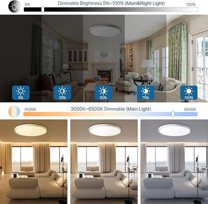 Dimmable LED Flush Mount Ceiling Light Fixture with Remote Control, 24W 2640LM, 12Inch, 2000K Warm Night Light & 3000K-6500K, Modern Super Slim Ceiling Lamp for Bedroom Kitchen, White, 1 Pack