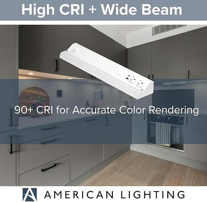American Lighting LED Courant Plus Undercabinet Light 18 Inch 5CCT 90+ CRI 1000 Lumens with USB-A USB-C and 20A Receptacles White Finish Title 24 Compliant