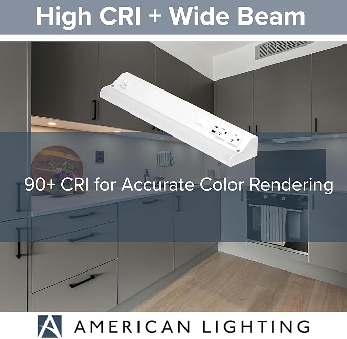 American Lighting LED Courant Plus Undercabinet Light 18 Inch 5CCT 90+ CRI 1000 Lumens with USB-A USB-C and 20A Receptacles White Finish Title 24 Compliant (2 Pack)
