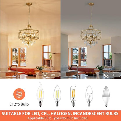 6-Light Modern Gold Crystal Chandelier, 17.7" Farmhouse Ceiling Light Fixture, Hanging Metal Pendant Lights Kitchen Island Dining Room Entryway Foyer