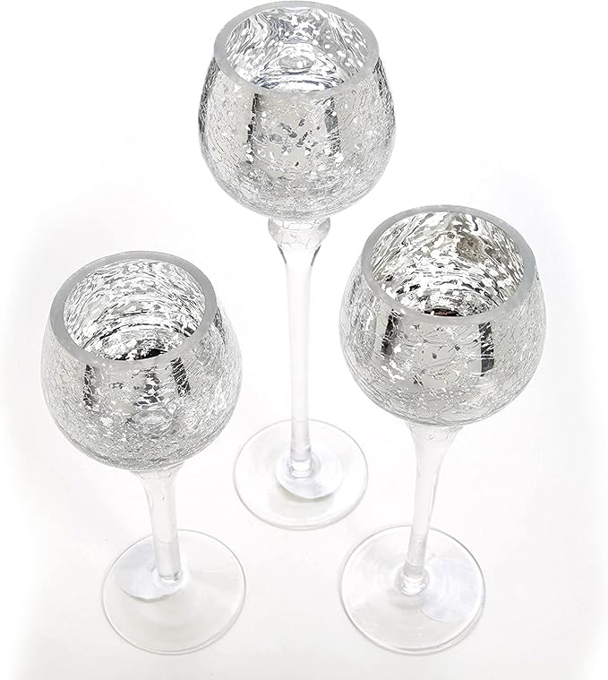 Hosley Set of 3 Metallic Crackle Glass Tealight Holders – 12", 10", 9" Elegant Home Decor, Ambient Lighting, Stylish Centerpieces & Gift Idea