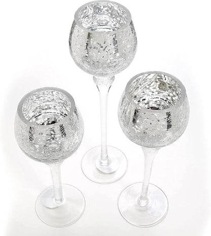 Hosley Set of 3 Metallic Crackle Glass Tealight Holders – 12", 10", 9" Elegant Home Decor, Ambient Lighting, Stylish Centerpieces & Gift Idea