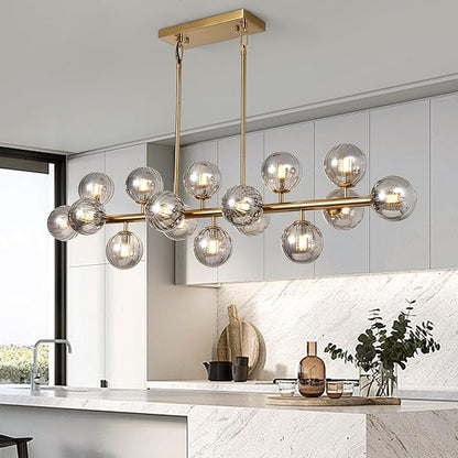 Globe Gold Chandelier Smoke Grey Linear Rectangle Modern Chandeliers Glass Pendant Light Fixture Adjustable for Dining Living Room Kitchen Island 55"