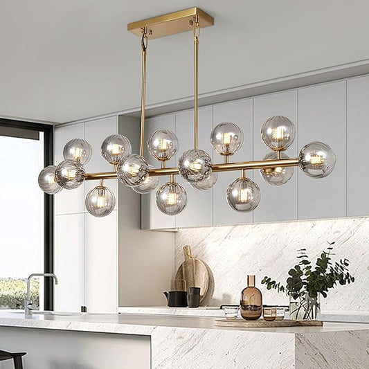 Globe Gold Chandelier Smoke Grey Linear Rectangle Modern Chandeliers Glass Pendant Light Fixture Adjustable for Dining Living Room Kitchen Island 55"