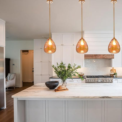 Colorful Amber Hammered Glass Pendant Light with Brass Gold Accent, Adjustable Hanging Lamp for Kitchen, Dining Room, and Living Room