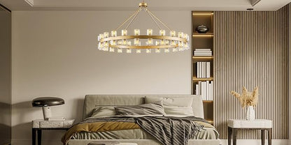 48 Inch Gold Wagon Wheel Chandelier with Crystal Shade, 48 Lights, Modern Farmhouse Style, Ideal for Dining Room, Kitchen, Entryways