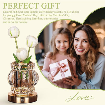 Tulip Table Lamp, Rechargeable Cordless Touch Dimming Artificial Tulip Flower Desk Lamp, LED Crystal Lamp Flower Bedside Night Light, Romantic Gifts for Girl Women Mom (White - Tulip)