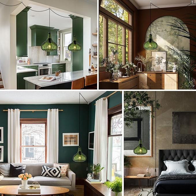 Plug in Pendant Light Fixture,Vintage Hanging Lamp with Cord Hammered Green Glass Globe Shade Mid-Century Modern Ceilig Pendant Lamp Plug in Hanging Lamp for Bedroom Dining Living Room
