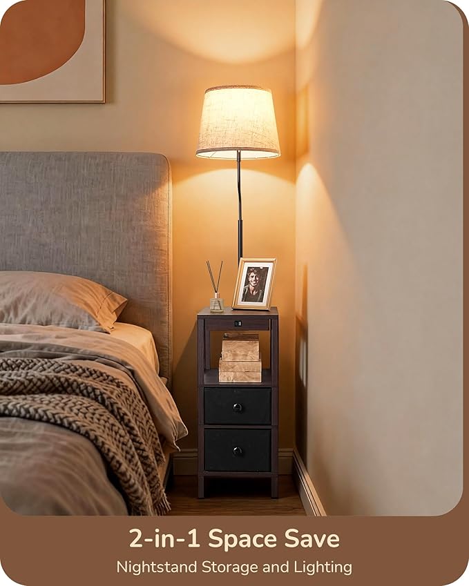 EDISHINE Floor Lamps for Living Room, Dimmable Bedside Floor Lamp with Table and 2 Shelves, USB-A+Type-C Port, Farmhouse Standing Light for Bedroom, Den, Office with Bulb, Dark Walnut