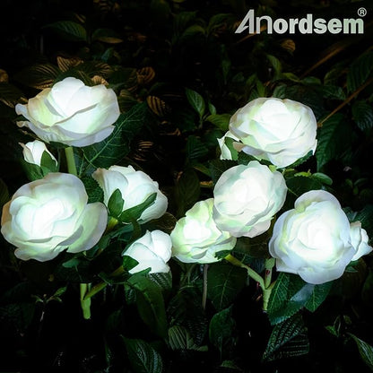 Anordsem Solar Garden Lights Outdoor: 20 Waterproof Fabric Roses 4 Pack - White LED Flower Decorations for Yard Patio Path Cemetery Grave - Birthday Gifts for Women Mom Wife