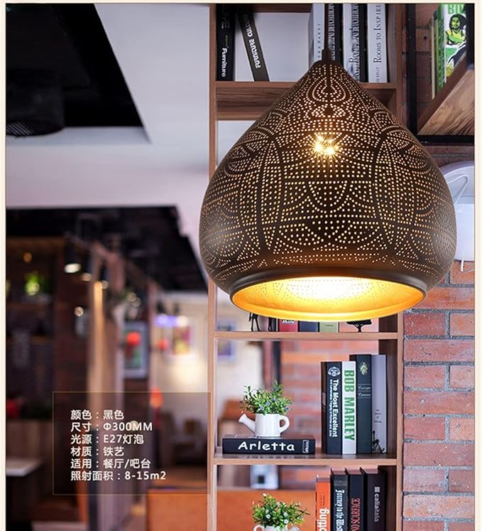 Moroccan Pendant Light Turkish Chandelier;Vintage Chandelier;Industrial Porous Arabic Ceiling Light Fixture Pendant Lighting for Kitchen Island Restaurant Hallway Foyer (Black)