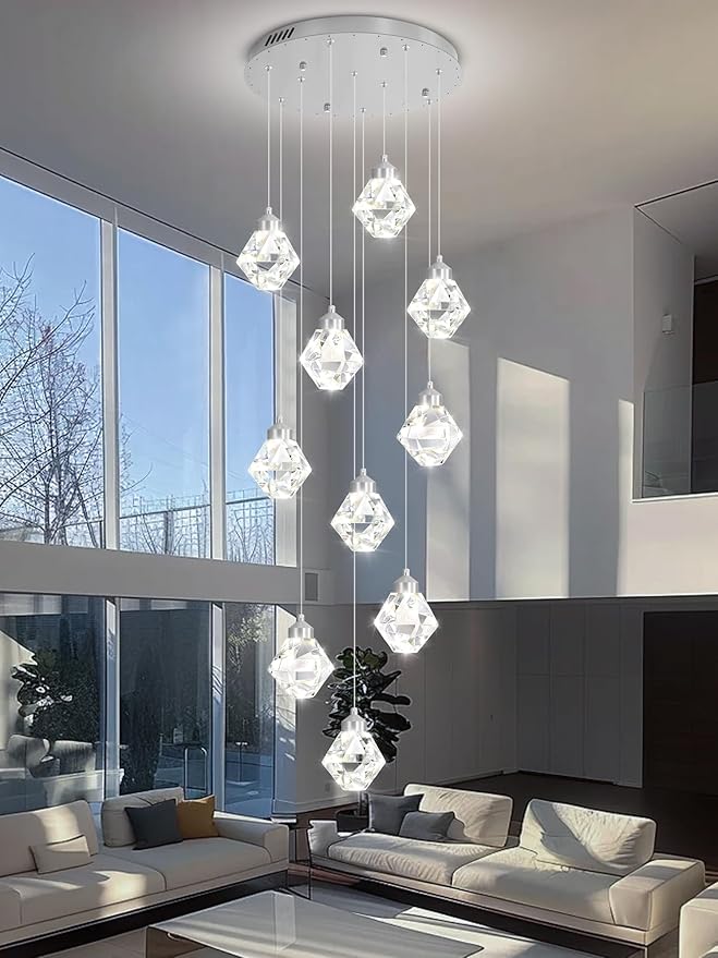 10-Light Modern Chandeliers for Foyer Crystal Chandelier for Living Room Chrome Pendant Light Staircase Chandeliers for High Ceilings Dimmable LED Hanging Light with Remote