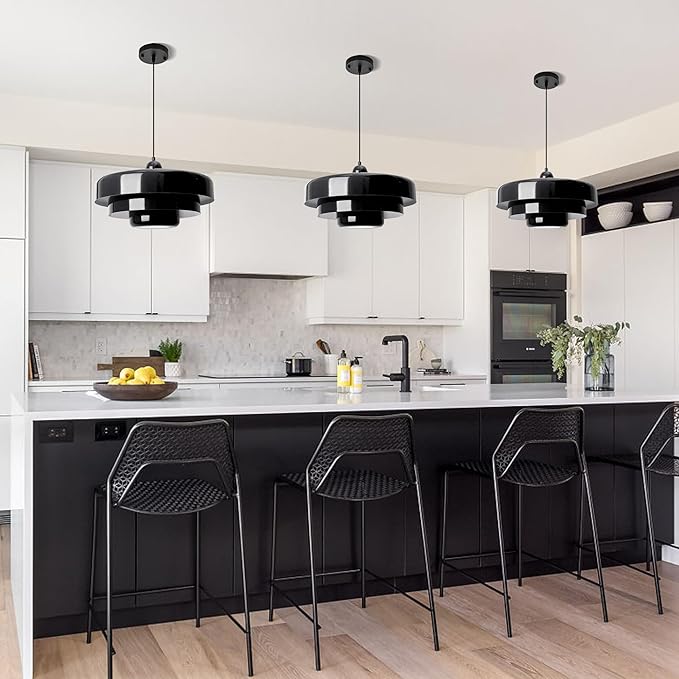 Black Pendant Lights Kitchen Island, Modern Ceiling Pendant Lighting Fixtures Adjustable Hanging Pendant Light 3-Layer Metal Shade Design Vintage Flush Mount Light for Dining Table Living Room Hallway