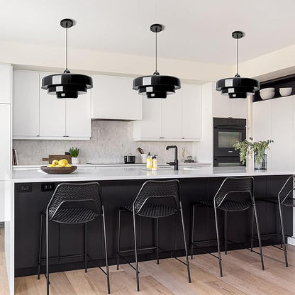 Black Pendant Lights Kitchen Island, Modern Ceiling Pendant Lighting Fixtures Adjustable Hanging Pendant Light 3-Layer Metal Shade Design Vintage Flush Mount Light for Dining Table Living Room Hallway