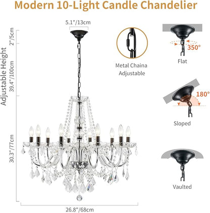 Large Crystal Chandelier, Modern Black Crystal Chandeliers for Dining Room Light Fixture, 10-Lights Large Black Pendant Light Fixtures Luxury Chandelier for Living Room Bedroom Foyer Entryway D26.8''