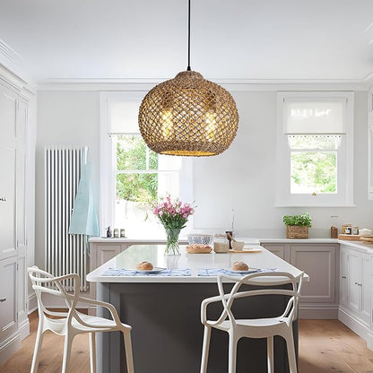 2-Light Rattan Pendant Light, Farmhouse Rattan Chandelier Boho Hand Woven Wicker Hanging Light Fixture for Kitchen Island Living Room Bedroom Dining Room Foyer