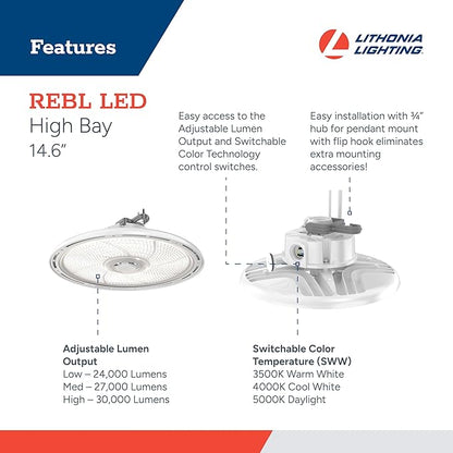 Lithonia Lighting REBL Round High Bay LED Light, 24,000/27,000/30,000 Adjustable Lumen Output, 3500K/4000K/5000K Switchable White Color Temperature, Work Light, XVOLT for 277-480V, 14.6" x 7.7", White