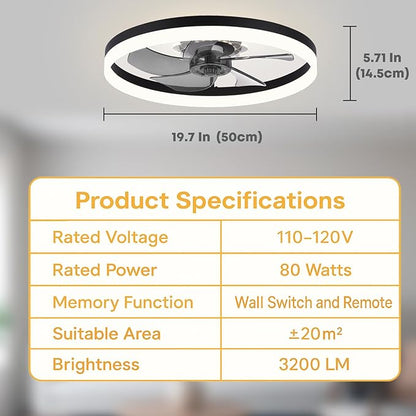 Fszdorj 20'' Ceiling Fan with Light, Upgraded Low Profile Fan, Flush Mount Ceiling Fan, 6 Speeds, Dimmable LED, App & Remote Control, Quiet DC Motor, for Bedroom, Living Room, F115 Black