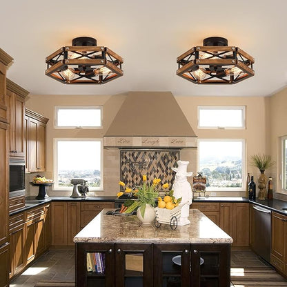 3-Light Rustic Farmhouse Wood Flush Mount Ceiling Light Fixture Oak Wood and Metal Cage Semi Flush Mount Ceiling Light for Hallway Hall Entry Bedroom Kitchen Farmhouse, Black