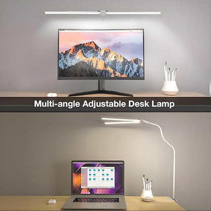 Hensam LED Desk Lamp with Clamp, Double Head Desk Light for Home Office, Dimmable Desktop Light, 12W 1400lm Eye-Caring Architect Table Lamp for Workbench Monitor Computer Reading Study, White