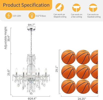 WUZUPS 6-Light Crystal Candle Chandelier Pendant Ceiling Light Modern Lighting Fixture for Bedroom Hallway Bar Kitchen Bathroom, H 25.6" W 24.4", E12 Base, Chrome