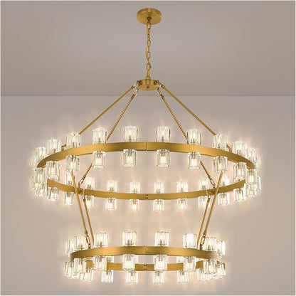 48 Inch Gold Wagon Wheel Chandelier with Crystal Shade, 2 Tier 80 Lights, Modern Farmhouse Style, Ideal for Dining Room, Kitchen, Entryways