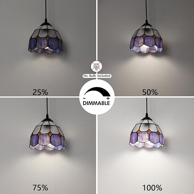 HuisMier Tiffany Style Plug in Pendant Light, 15 Feet Cord Stained Glass Hanging Lamp with Dimmable On Off Switch, Vintage Swag Ceiling Lamp for Dining Room Living Room Bedroom, 7.9" Width