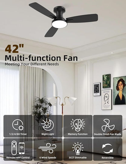 42 inch Smart Ceiling Fan with Light, Low Profile Flush Mount with Remote Control, Ultra-Quiet Reversible DC Motor, 3 Color Temperatures & 6 Speed Dimmable Lighting for Bedroom, Black