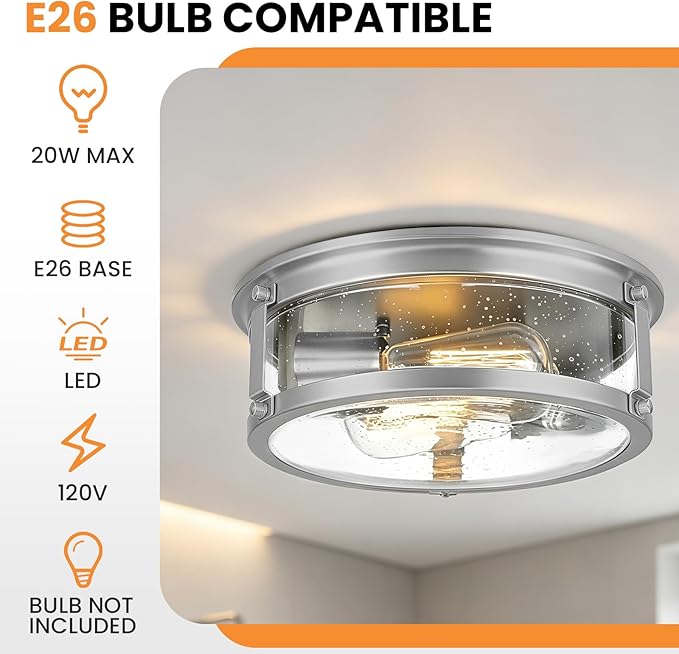 Flush Mount Ceiling Light, 2-Light Metal Cage Ceiling Light Fixture, Brushed Nickel Flush Mount Light with Seeded Glass Shade for Kitchen, Hallway, Bedroom (12 Inch)
